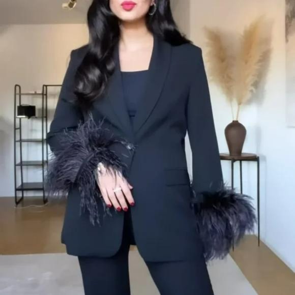 ZARA BLACK STRAIGHT CUT FEATHER BLAZER - Picture 1 of 10